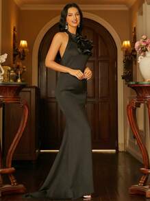 Missord 荷葉邊高衩繞頸露背緞面正式禮服 - 黑色 - 查看 5