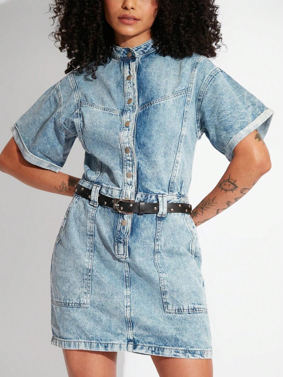 SHE(IN) BRASIL Nút phía trước Đầm Denim - Rửa nhẹ - Xem 1