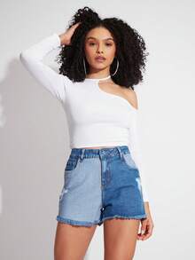 SHE(IN) BRASIL 撞色破洞毛邊牛仔短褲 - 藍色 - 查看 4