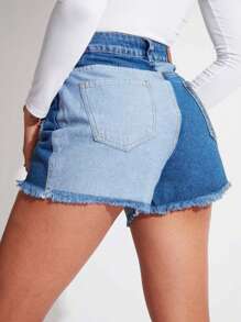 SHE(IN) BRASIL 撞色破洞毛邊牛仔短褲 - 藍色 - 查看 2