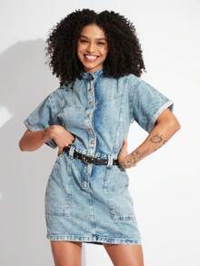 SHE(IN) BRASIL Nút phía trước Đầm Denim - Rửa nhẹ - Xem 3