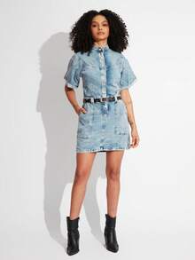 SHE(IN) BRASIL Nút phía trước Đầm Denim - Rửa nhẹ - Xem 5