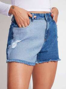 SHE(IN) BRASIL 撞色破洞毛邊牛仔短褲 - 藍色 - 查看 3