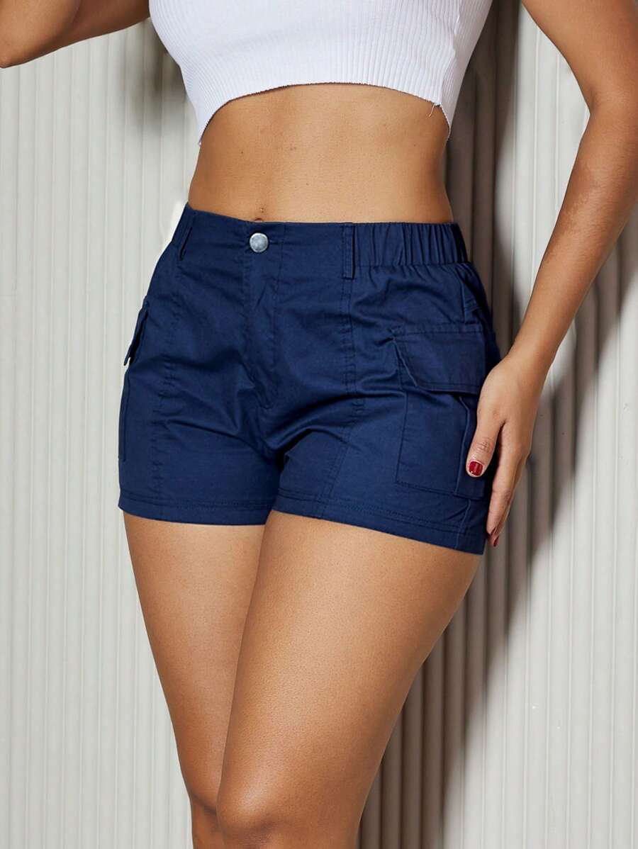 素色翻蓋口袋短褲 - 藏蓝色 - 查看 1