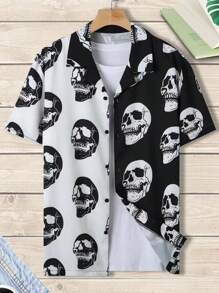 Manfinity Roghcode Men Two Tone Skull Print Graphic Color Block Street Wear Short Sleeve Button Shirt Without Tee, For Vacation, Boyfriend Gift - Black and White - View 1