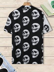 Manfinity Roghcode Men Two Tone Skull Print Graphic Color Block Street Wear Short Sleeve Button Shirt Without Tee, For Vacation, Boyfriend Gift - Black and White - View 2