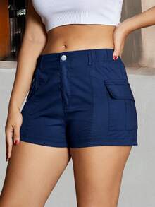 素色翻蓋口袋短褲 - 藏蓝色 - 查看 3