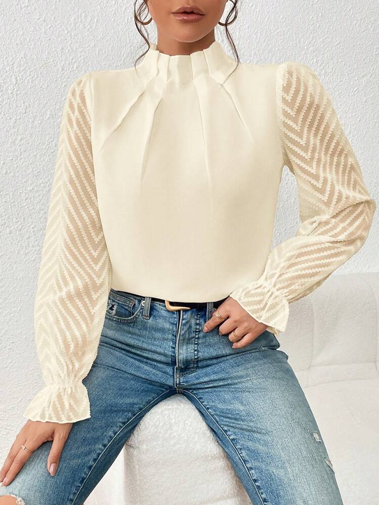 SHEIN Frenchy Mock Neck Flounce Sleeve Blouse - Apricot - View 1
