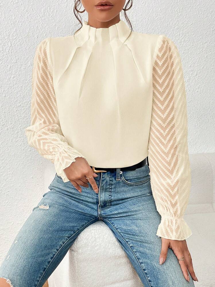 SHEIN Frenchy Mock Neck Flounce Sleeve Blouse - Apricot - View 5