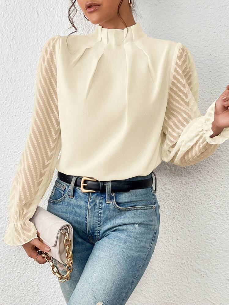 SHEIN Frenchy Mock Neck Flounce Sleeve Blouse - Apricot - View 6