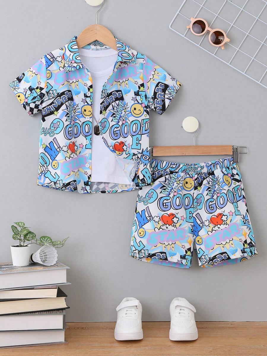 SHEIN 小男童字母和卡通圖案襯衫和短褲不帶T恤