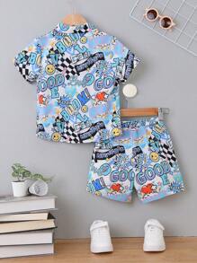 SHEIN 小男童字母和卡通圖案襯衫和短褲不帶T恤