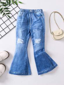 SHEIN Pantalones acampanados informales de cintura elástica para niña joven - Azul - Ver 1