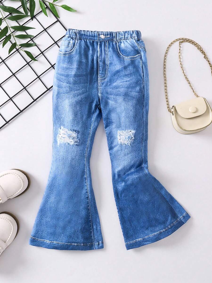 SHEIN Pantalones acampanados informales de cintura elástica para niña joven - Azul - Ver 1