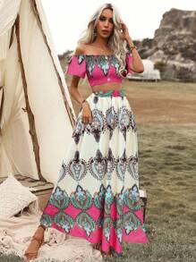 SHEIN VCAY 圖案印花一字肩短款上衣和半身裙 - 彩色 - 查看 1