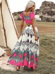 SHEIN VCAY 圖案印花一字肩短款上衣和半身裙 - 彩色 - 查看 2