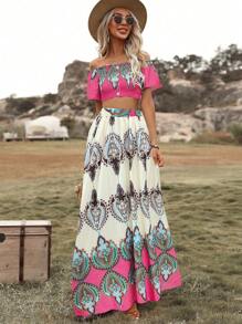 SHEIN VCAY 圖案印花一字肩短款上衣和半身裙 - 彩色 - 查看 3