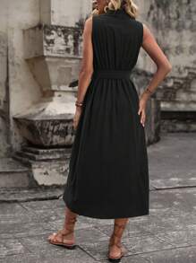 SHEIN VCAY Solid Wrap Hem Dress Without Belt - Black - View 2