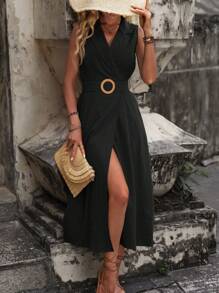 SHEIN VCAY Solid Wrap Hem Dress Without Belt - Black - View 6
