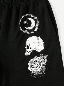 ROMWE Grunge Punk 骷髏和月亮圖案短褲 - 黑色 - 查看 3