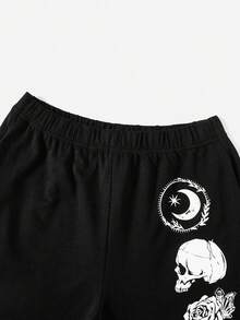 ROMWE Grunge Punk 骷髏和月亮圖案短褲 - 黑色 - 查看 4
