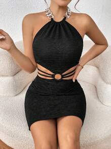 SHEIN Privé Vestido ajustado vinculado con aro con abertura de espalda abierta con cordón halter - Negro - Ver 3