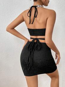 SHEIN Privé Vestido ajustado vinculado con aro con abertura de espalda abierta con cordón halter - Negro - Ver 4