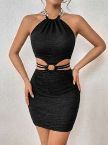 SHEIN Privé Vestido ajustado vinculado con aro con abertura de espalda abierta con cordón halter - Negro - Ver 1