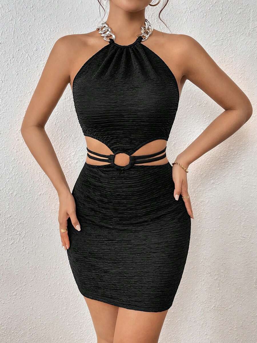 SHEIN Privé Vestido ajustado vinculado con aro con abertura de espalda abierta con cordón halter - Negro - Ver 1