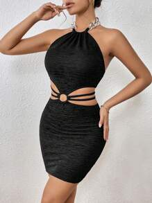 SHEIN Privé Vestido ajustado vinculado con aro con abertura de espalda abierta con cordón halter - Negro - Ver 5