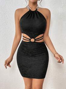 SHEIN Privé Vestido ajustado vinculado con aro con abertura de espalda abierta con cordón halter - Negro - Ver 2