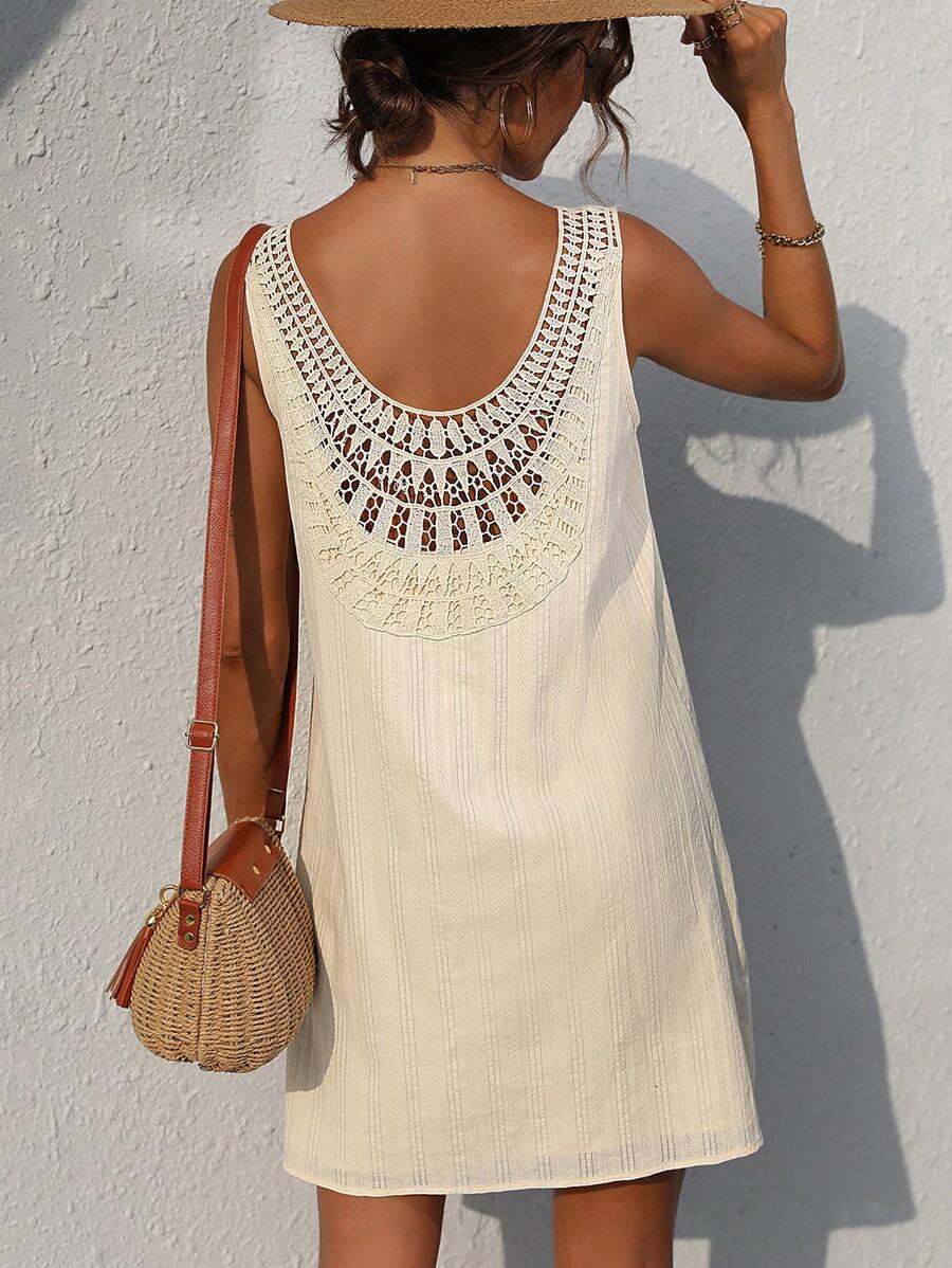 SHEIN LUNE Guipure Lace Panel Tank Dress - Apricot - View 1