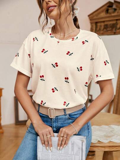 SHEIN Frenchy 夏季草莓印花落肩T恤女士夏季纯色V领短袖休闲T恤，秋季服装，返校服装，教师服装，美国上衣，老式钱款风格，白色女装，教师T恤