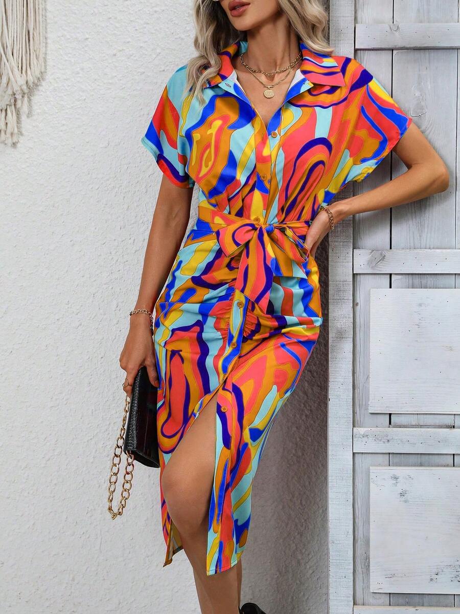 SHEIN VCAY 滿版印花蝙蝠袖腰帶襯衫洋裝 - 彩色 - 查看 1