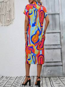 SHEIN VCAY 滿版印花蝙蝠袖腰帶襯衫洋裝 - 彩色 - 查看 2