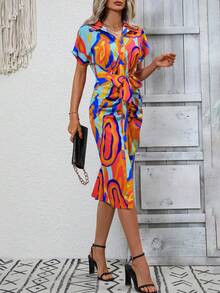 SHEIN VCAY 滿版印花蝙蝠袖腰帶襯衫洋裝 - 彩色 - 查看 3