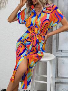 SHEIN VCAY 滿版印花蝙蝠袖腰帶襯衫洋裝 - 彩色 - 查看 4