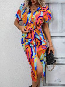 SHEIN VCAY 滿版印花蝙蝠袖腰帶襯衫洋裝 - 彩色 - 查看 6