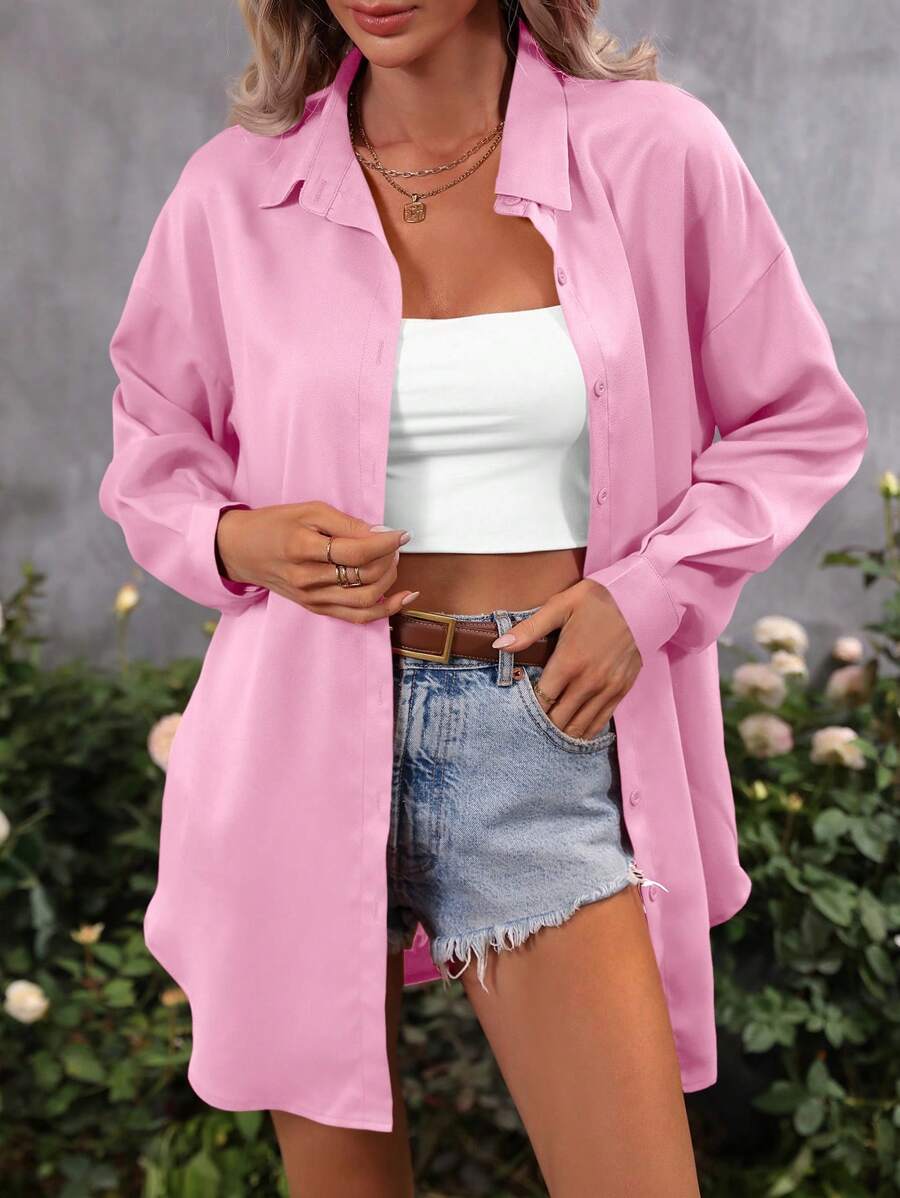 SHEIN LUNE Solid Drop Shoulder Button Front Shirt Fall Cloth For Women - Pink - View 1