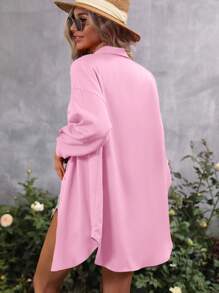 SHEIN LUNE Solid Drop Shoulder Button Front Shirt Fall Cloth For Women - Pink - View 2