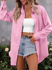 SHEIN LUNE Solid Drop Shoulder Button Front Shirt Fall Cloth For Women - Pink - View 4