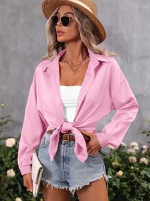 SHEIN LUNE Solid Drop Shoulder Button Front Shirt Fall Cloth For Women - Pink - View 6