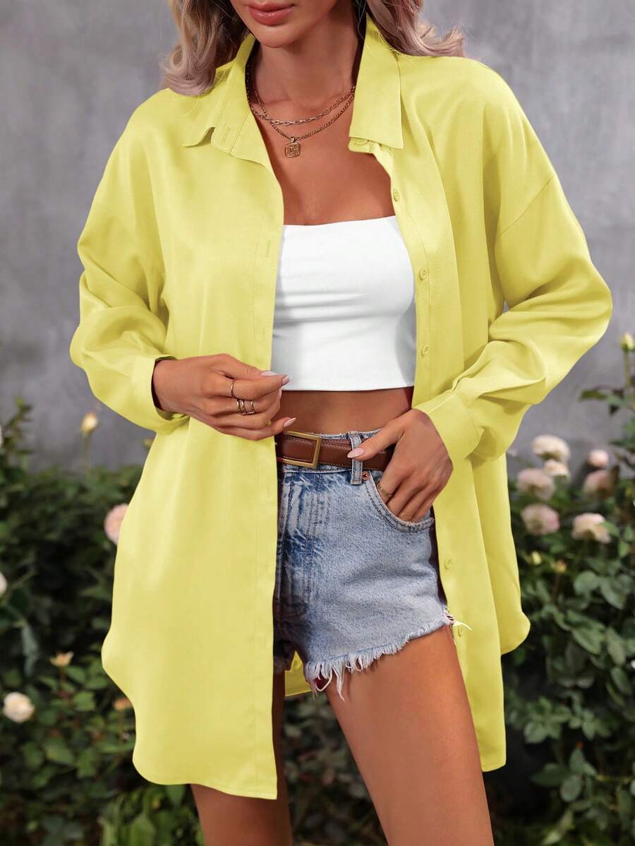 Breezaya 素色落肩袖前紐扣襯衫 - 黃色 - 查看 1