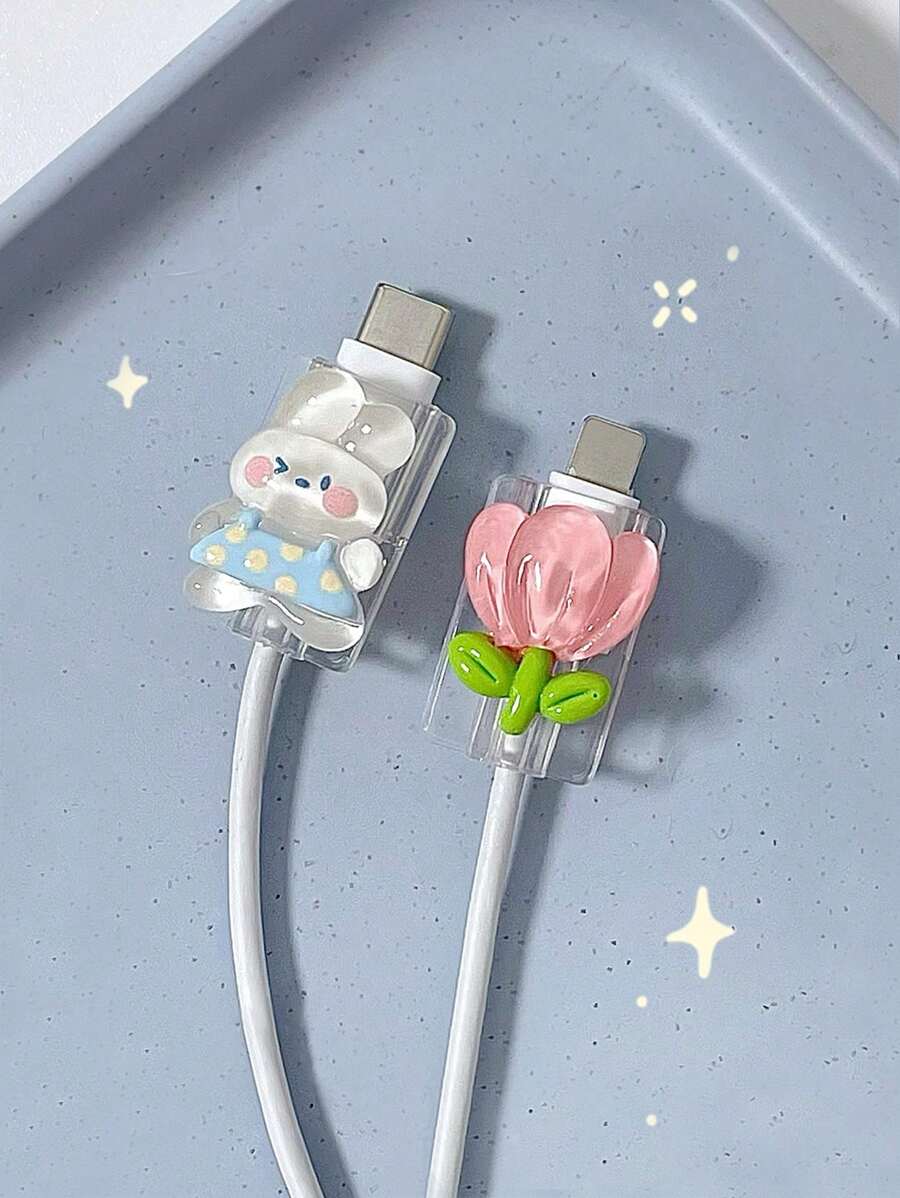 2pcs Rabbit & Tulip Decor Data Cable Protector - Multicolor - View 1