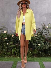 Breezaya 素色落肩袖前紐扣襯衫 - 黃色 - 查看 3