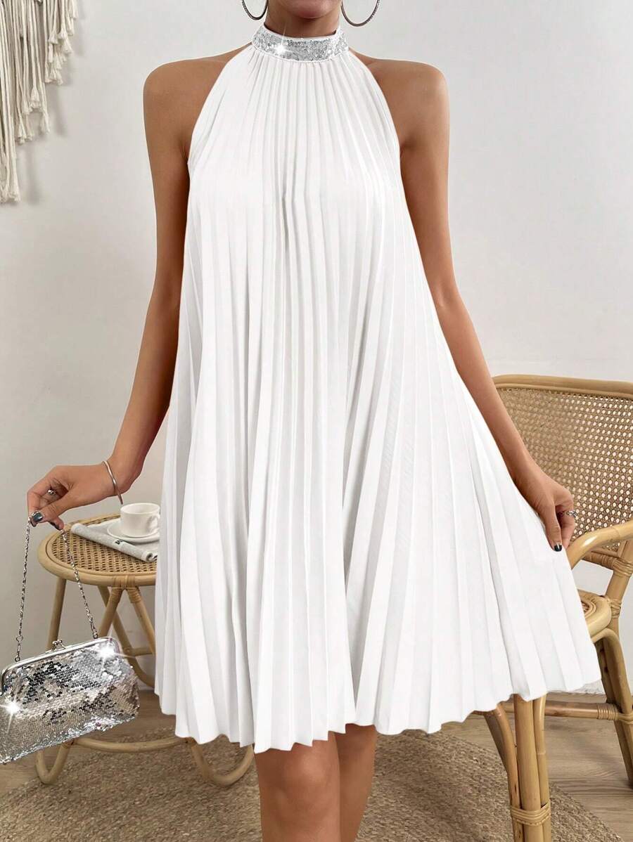 Breezaya Contrast Sequin Pleated Halter Neck Dress Vacation Beach Outfits Women