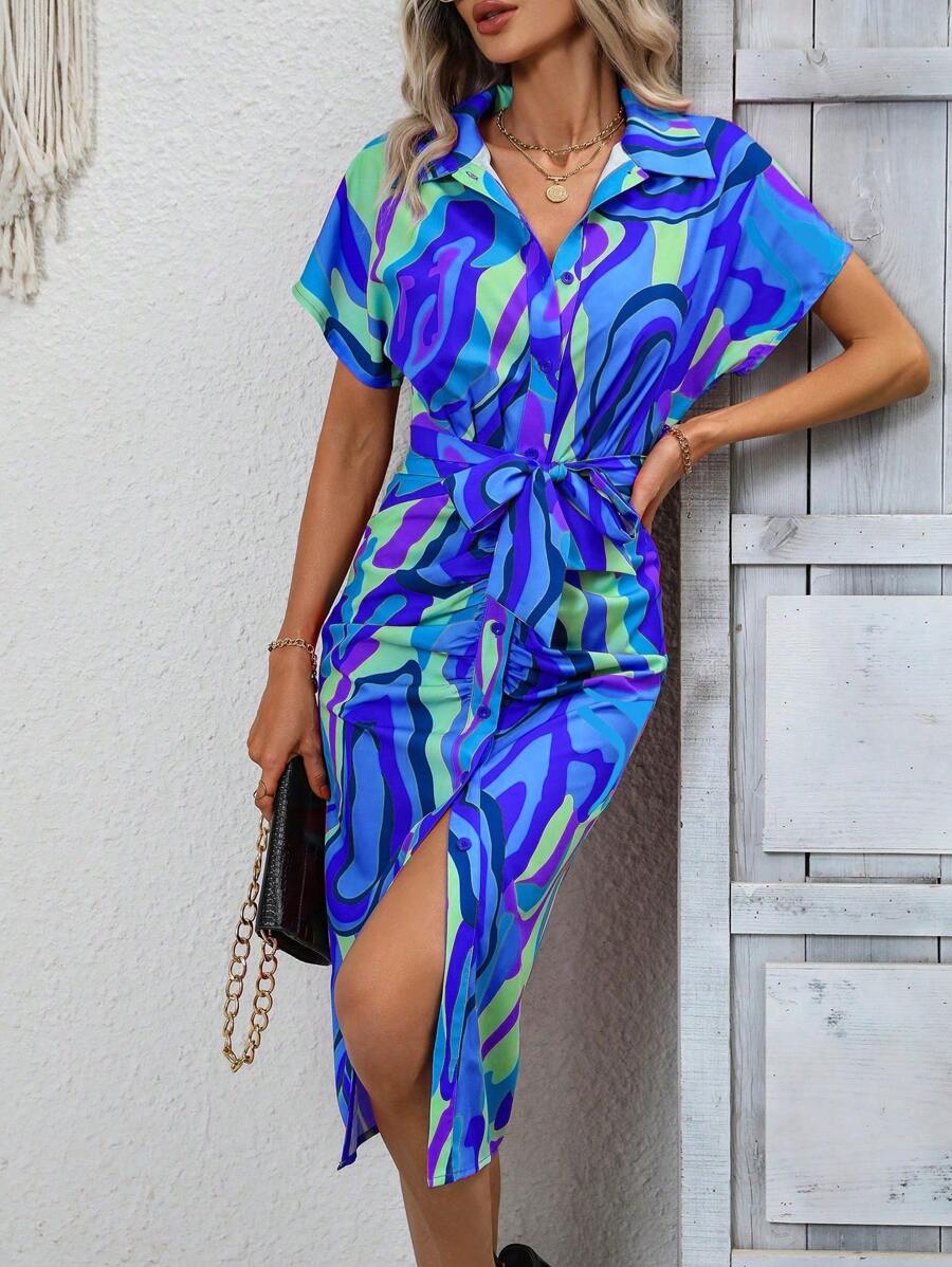 SHEIN VCAY 滿版印花蝙蝠袖腰帶襯衫洋裝 - 藍色 - 查看 1