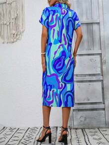 SHEIN VCAY 滿版印花蝙蝠袖腰帶襯衫洋裝 - 藍色 - 查看 2