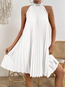 Breezaya Contrast Sequin Pleated Halter Neck Dress Vacation Beach Outfits Women