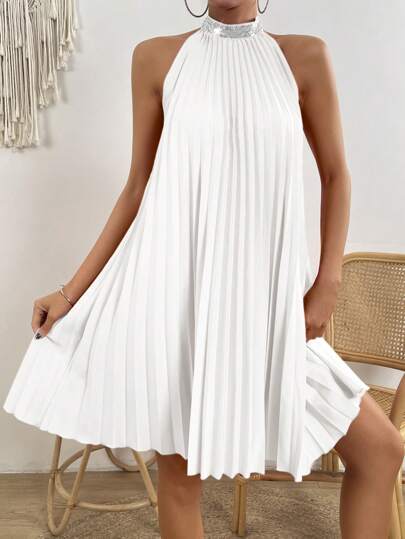 Breezaya Contrast Sequin Pleated Halter Neck Dress Vacation Beach Outfits Women